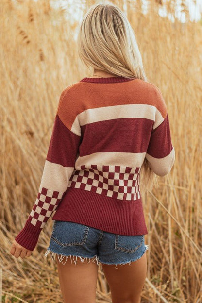 Checker Colorblock Knitted Drop Shoulder Sweater - Bitsy Gypsy Boutique
