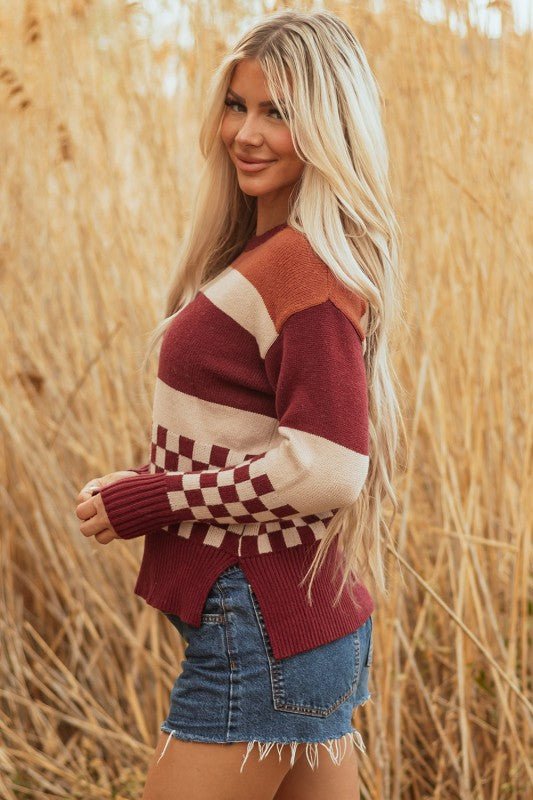 Checker Colorblock Knitted Drop Shoulder Sweater - Bitsy Gypsy Boutique