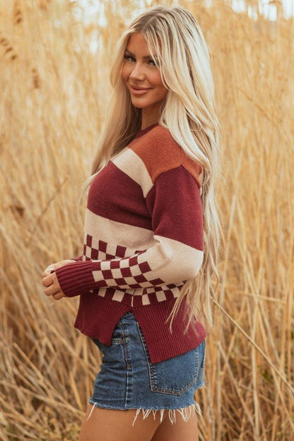 Checker Colorblock Knitted Drop Shoulder Sweater - Bitsy Gypsy Boutique