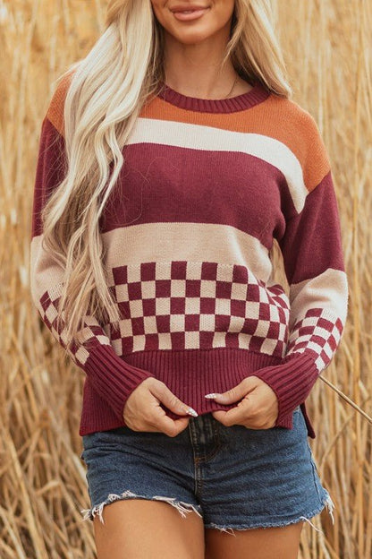 Checker Colorblock Knitted Drop Shoulder Sweater - Bitsy Gypsy Boutique