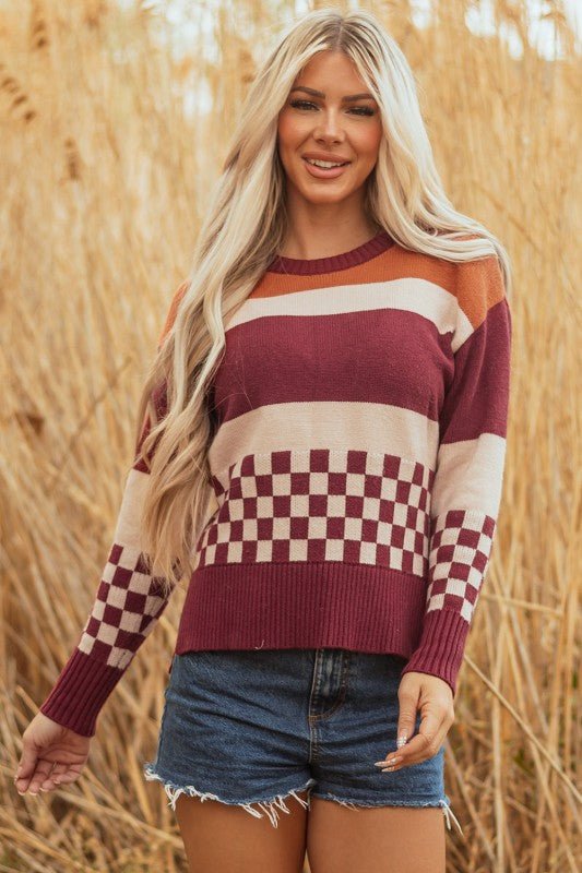 Checker Colorblock Knitted Drop Shoulder Sweater - Bitsy Gypsy Boutique