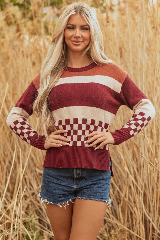 Checker Colorblock Knitted Drop Shoulder Sweater - Bitsy Gypsy Boutique