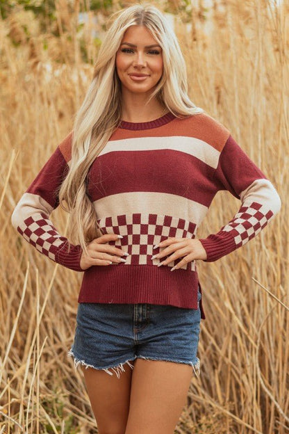 Checker Colorblock Knitted Drop Shoulder Sweater - Bitsy Gypsy Boutique
