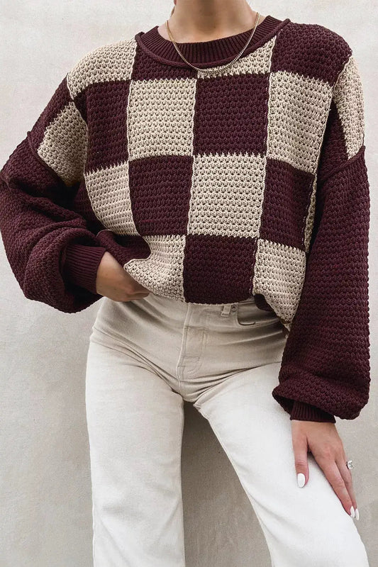 Checkerboard Dropped Shoulder Crew Neck Sweater - Bitsy Gypsy Boutique
