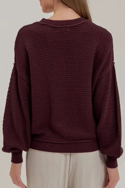 Checkerboard Dropped Shoulder Crew Neck Sweater - Bitsy Gypsy Boutique