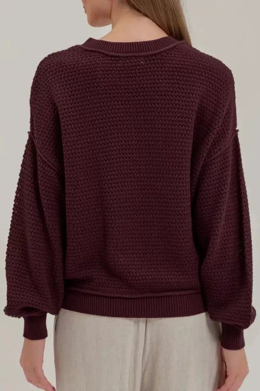 Checkerboard Dropped Shoulder Crew Neck Sweater - Bitsy Gypsy Boutique