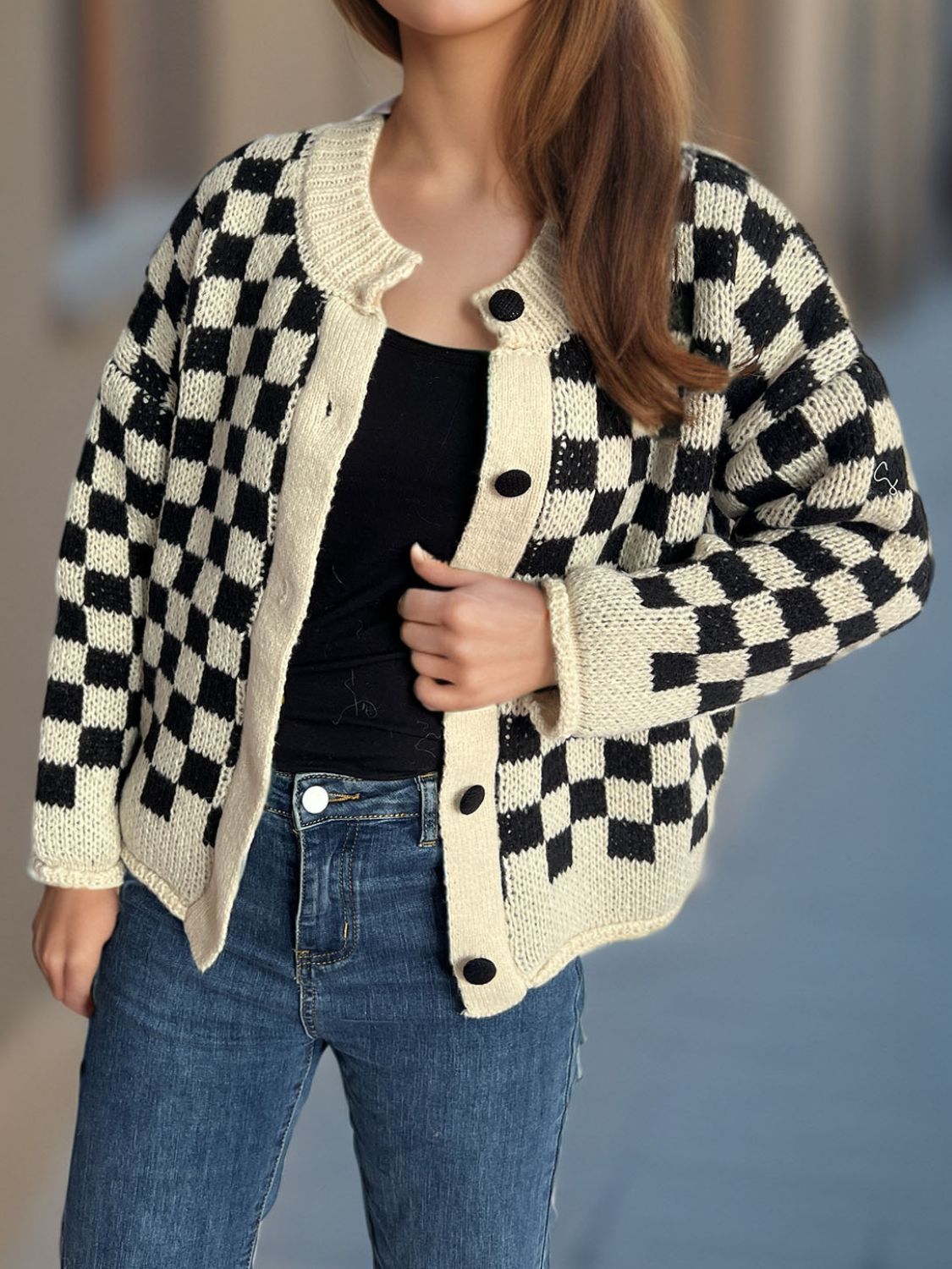 Checkered Button Up Round Neck Cardigan - Bitsy Gypsy Boutique