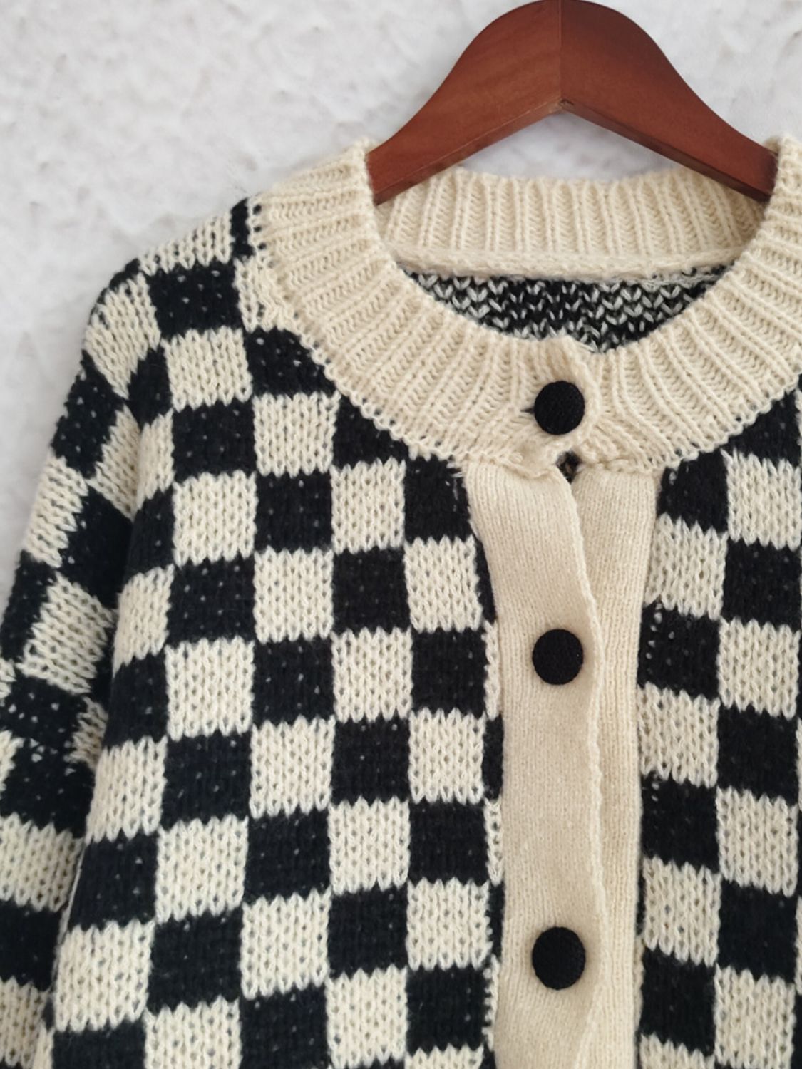 Checkered Button Up Round Neck Cardigan - Bitsy Gypsy Boutique