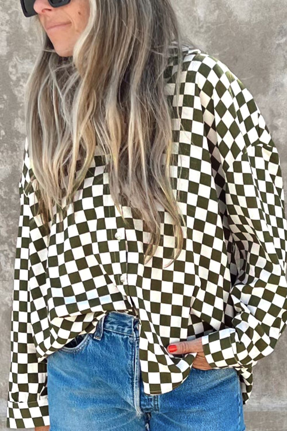 Checkered Collared Neck Long Sleeve Shirt - Bitsy Gypsy Boutique