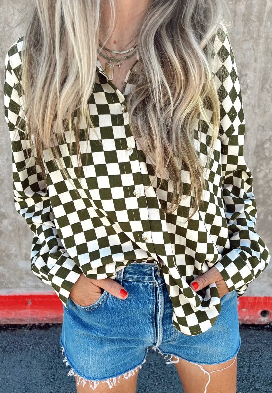 Checkered Collared Neck Long Sleeve Shirt - Bitsy Gypsy Boutique