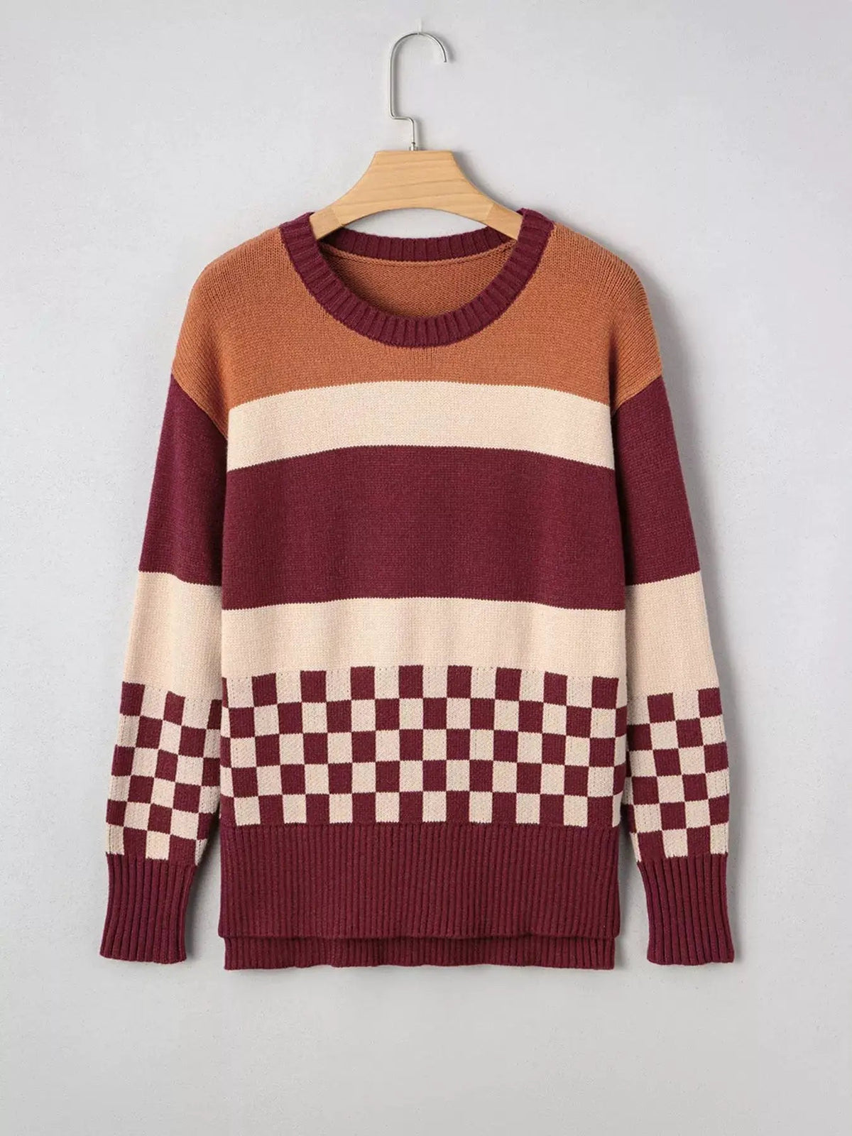 Checkered Color Block Knitted Drop Shoulder Sweater - Bitsy Gypsy Boutique