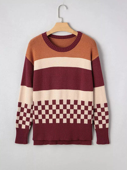 Checkered Color Block Knitted Drop Shoulder Sweater - Bitsy Gypsy Boutique