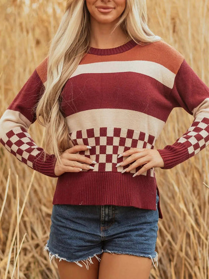 Checkered Color Block Knitted Drop Shoulder Sweater - Bitsy Gypsy Boutique