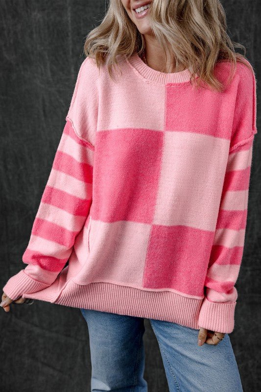 Checkered Color Block Striped High Low Sweater - Bitsy Gypsy Boutique