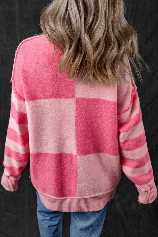 Checkered Color Block Striped High Low Sweater - Bitsy Gypsy Boutique