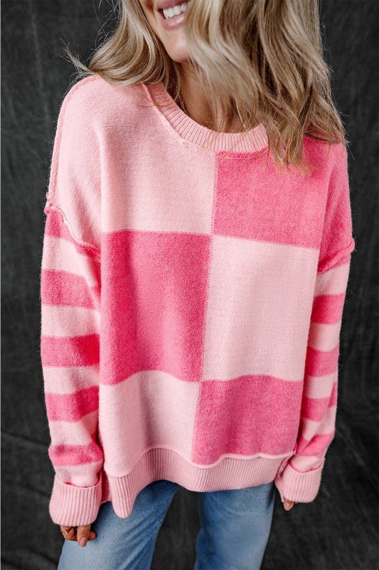 Checkered Color Block Striped High Low Sweater - Bitsy Gypsy Boutique