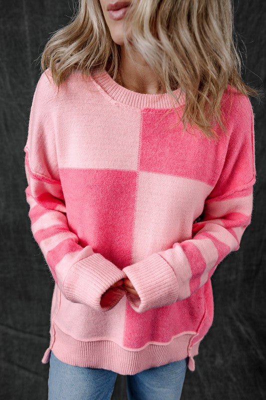 Checkered Color Block Striped High Low Sweater - Bitsy Gypsy Boutique