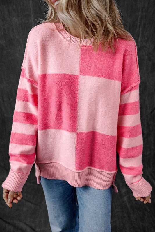 Checkered Color Block Striped High Low Sweater - Bitsy Gypsy Boutique