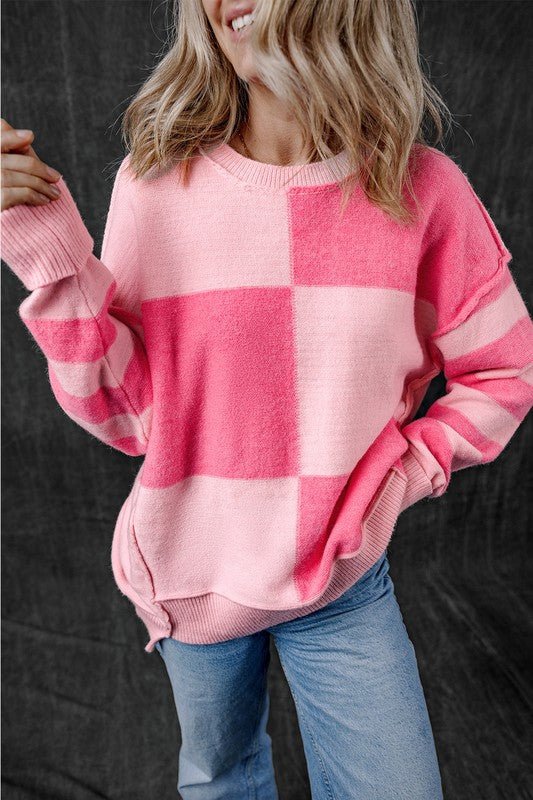 Checkered Color Block Striped High Low Sweater - Bitsy Gypsy Boutique