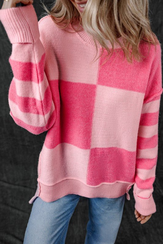 Checkered Color Block Striped High Low Sweater - Bitsy Gypsy Boutique