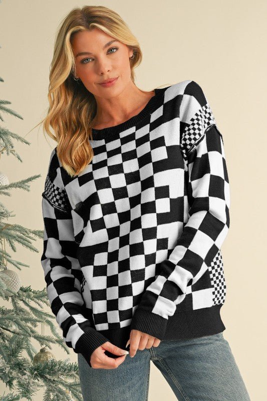 Checkered Drop Shoulder Round Neck Sweater - Bitsy Gypsy Boutique