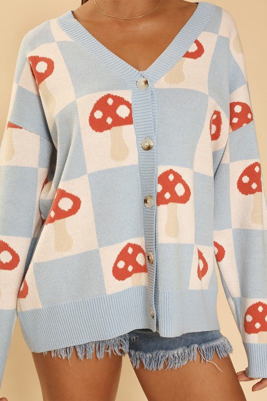 Checkered mushroom knit cardigan - Bitsy Gypsy Boutique