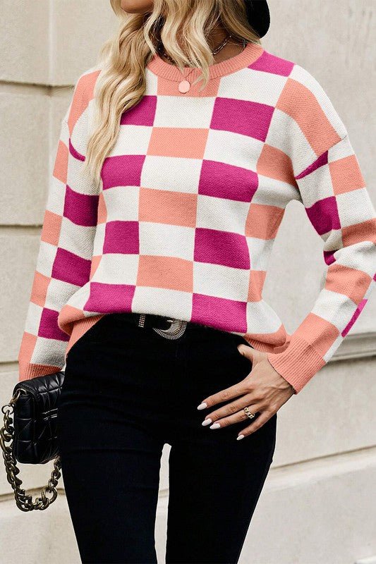 Checkered Ribbed Edge O Neck Drop Shoulder Sweater - Bitsy Gypsy Boutique