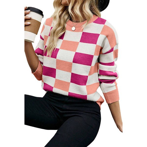 Checkered Ribbed Edge O Neck Drop Shoulder Sweater - Bitsy Gypsy Boutique