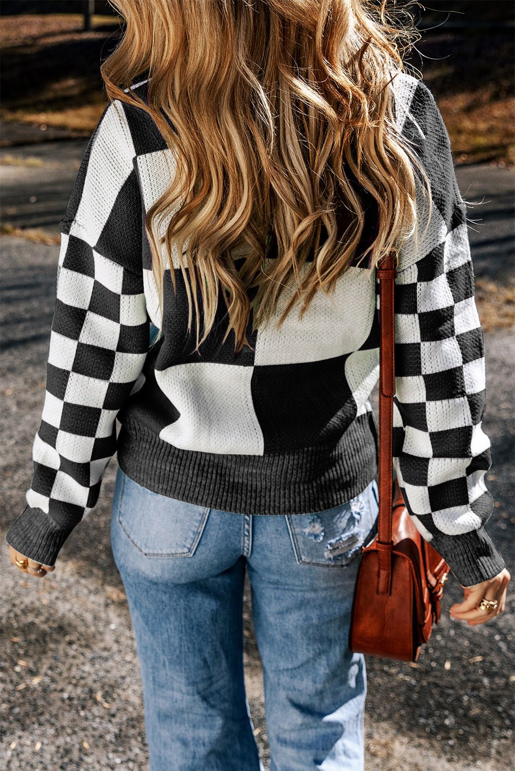 Checkered Round Neck Drop Shoulder Sweater - Bitsy Gypsy Boutique