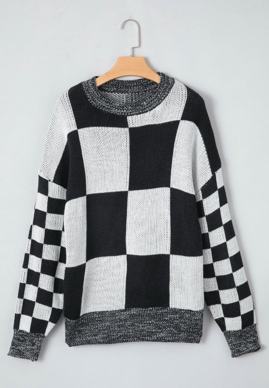 Checkered Round Neck Drop Shoulder Sweater - Bitsy Gypsy Boutique