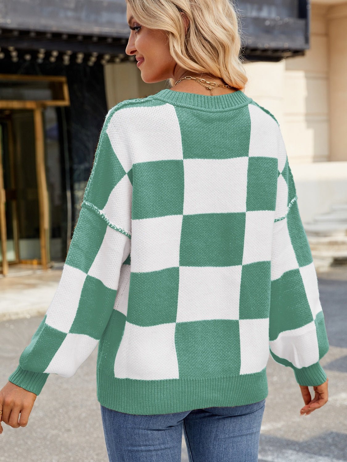 Checkered Round Neck Long Sleeve Sweater - Bitsy Gypsy Boutique