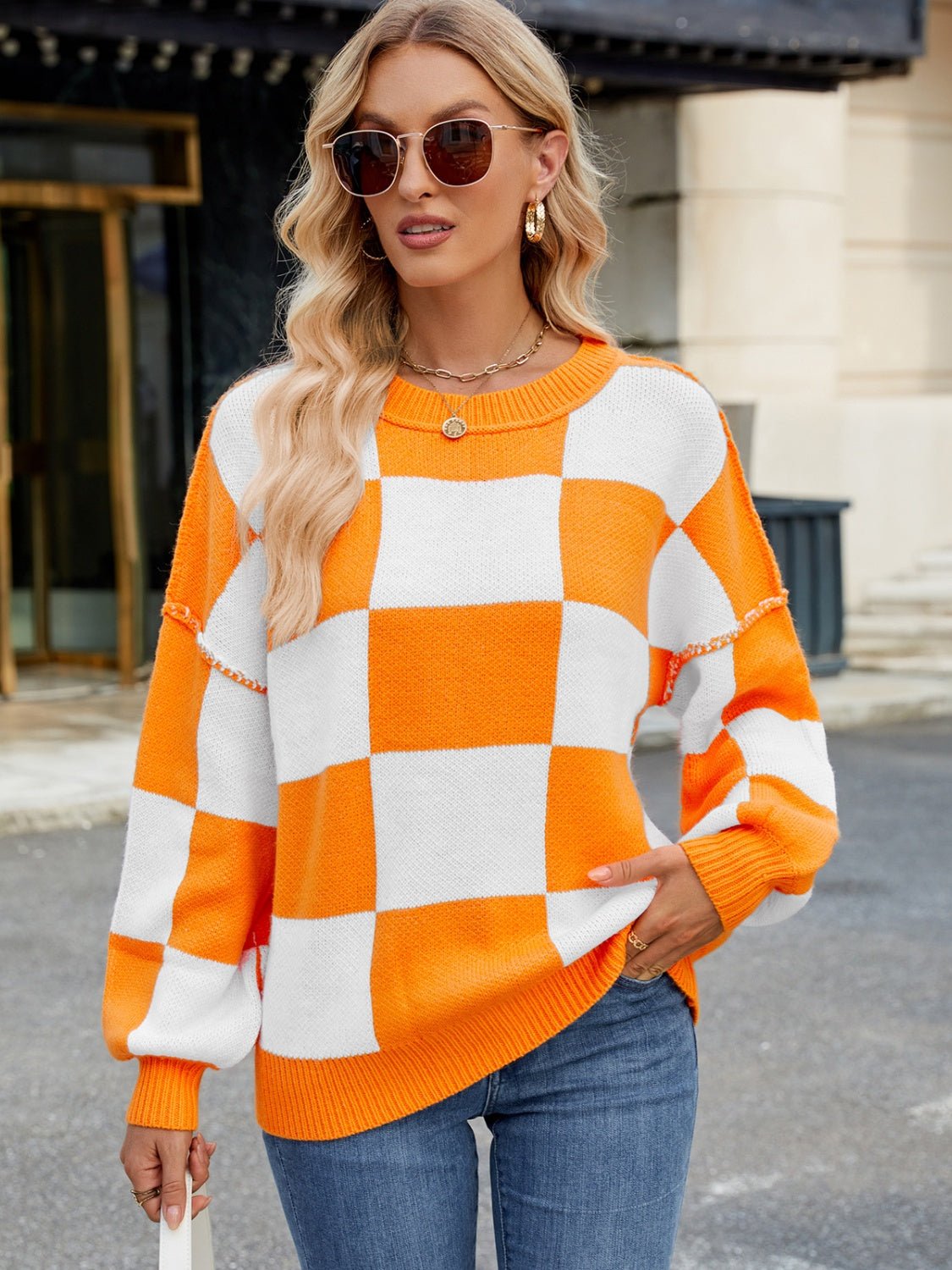 Checkered Round Neck Long Sleeve Sweater - Bitsy Gypsy Boutique