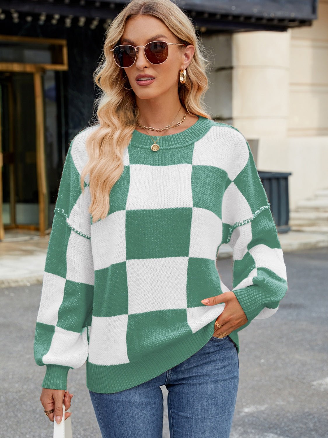 Checkered Round Neck Long Sleeve Sweater - Bitsy Gypsy Boutique