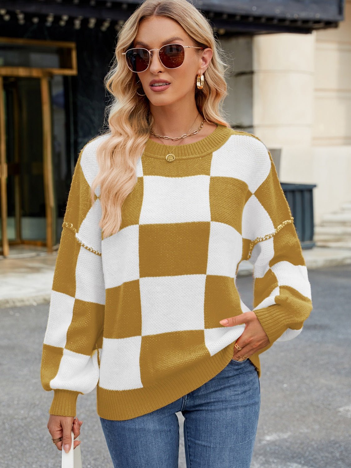 Checkered Round Neck Long Sleeve Sweater - Bitsy Gypsy Boutique