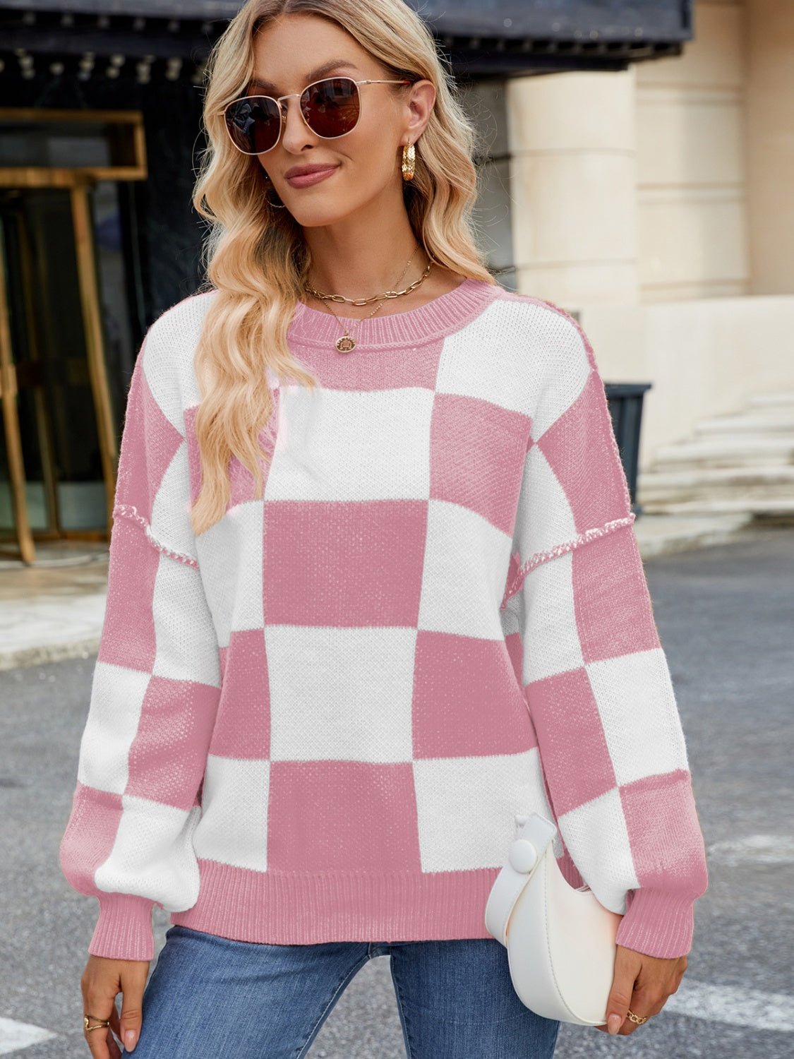 Checkered Round Neck Long Sleeve Sweater - Bitsy Gypsy Boutique