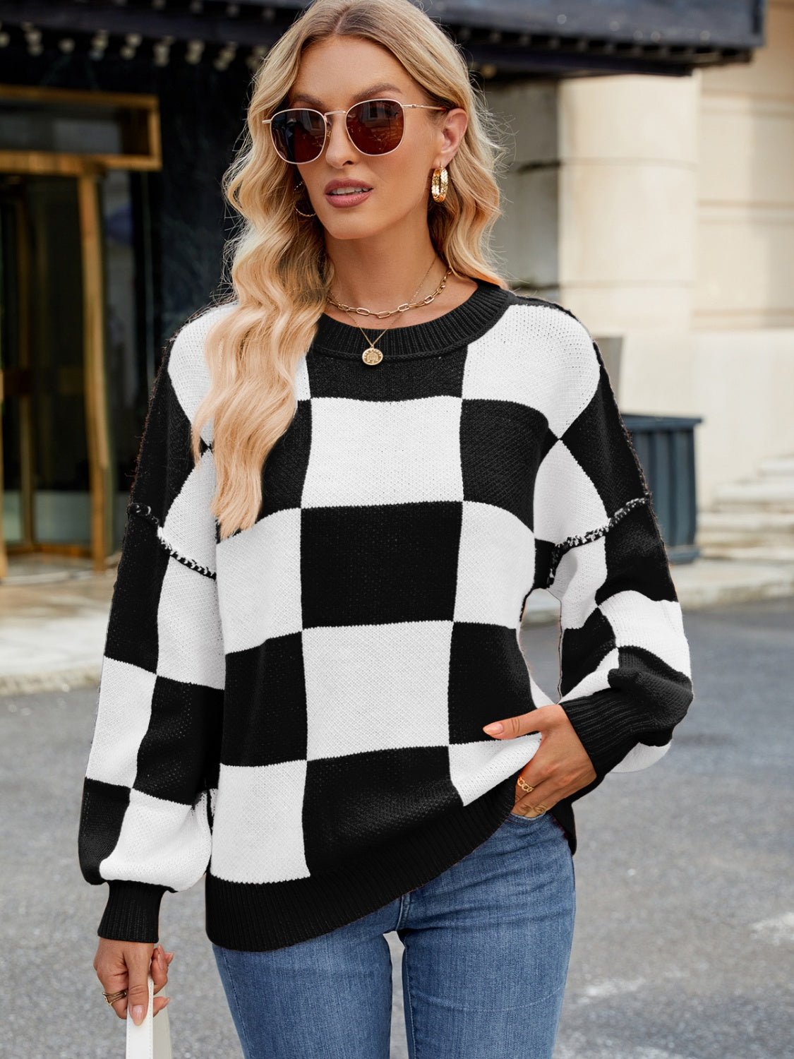 Checkered Round Neck Long Sleeve Sweater - Bitsy Gypsy Boutique