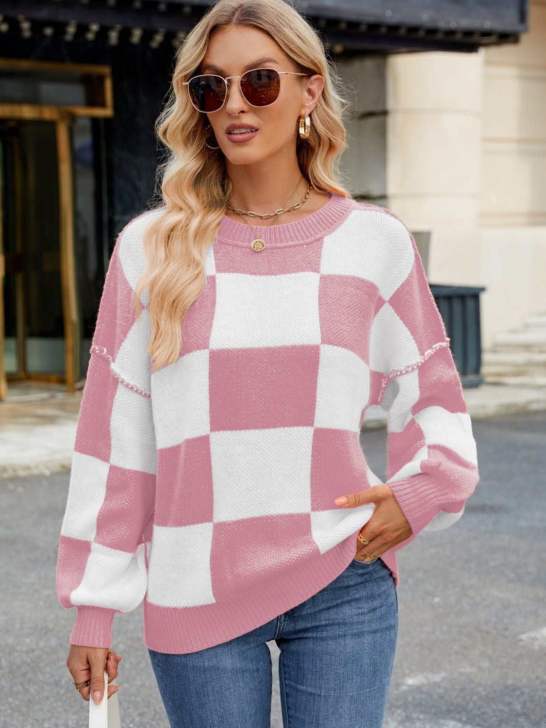 Checkered Round Neck Long Sleeve Sweater - Bitsy Gypsy Boutique