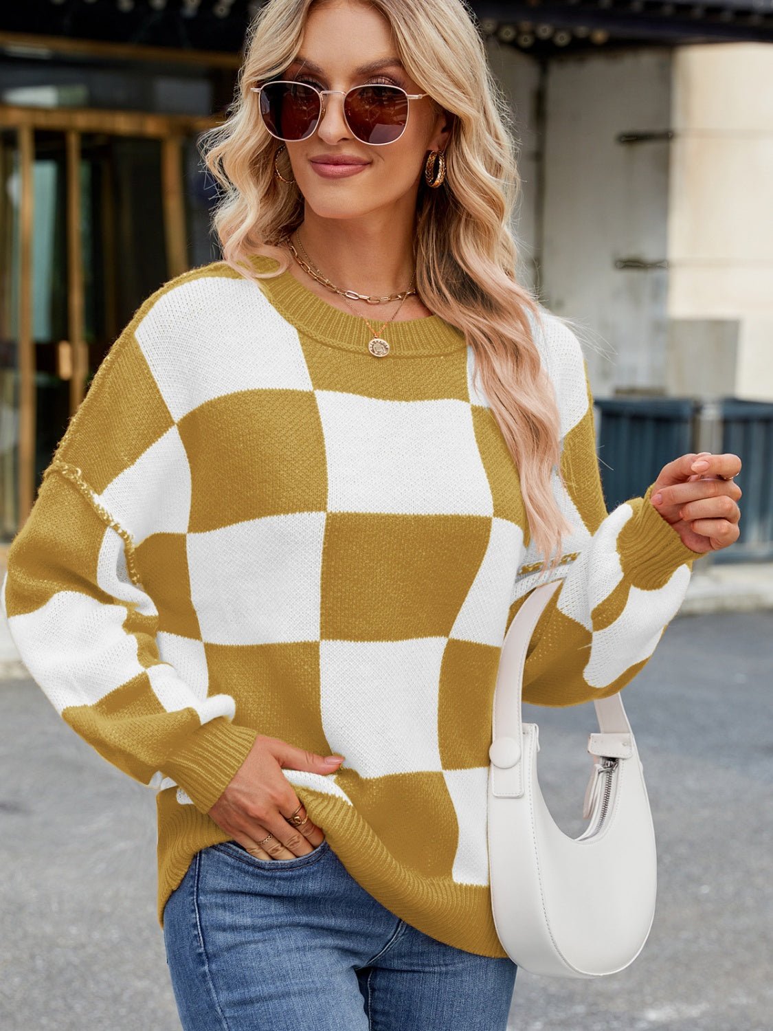 Checkered Round Neck Long Sleeve Sweater - Bitsy Gypsy Boutique