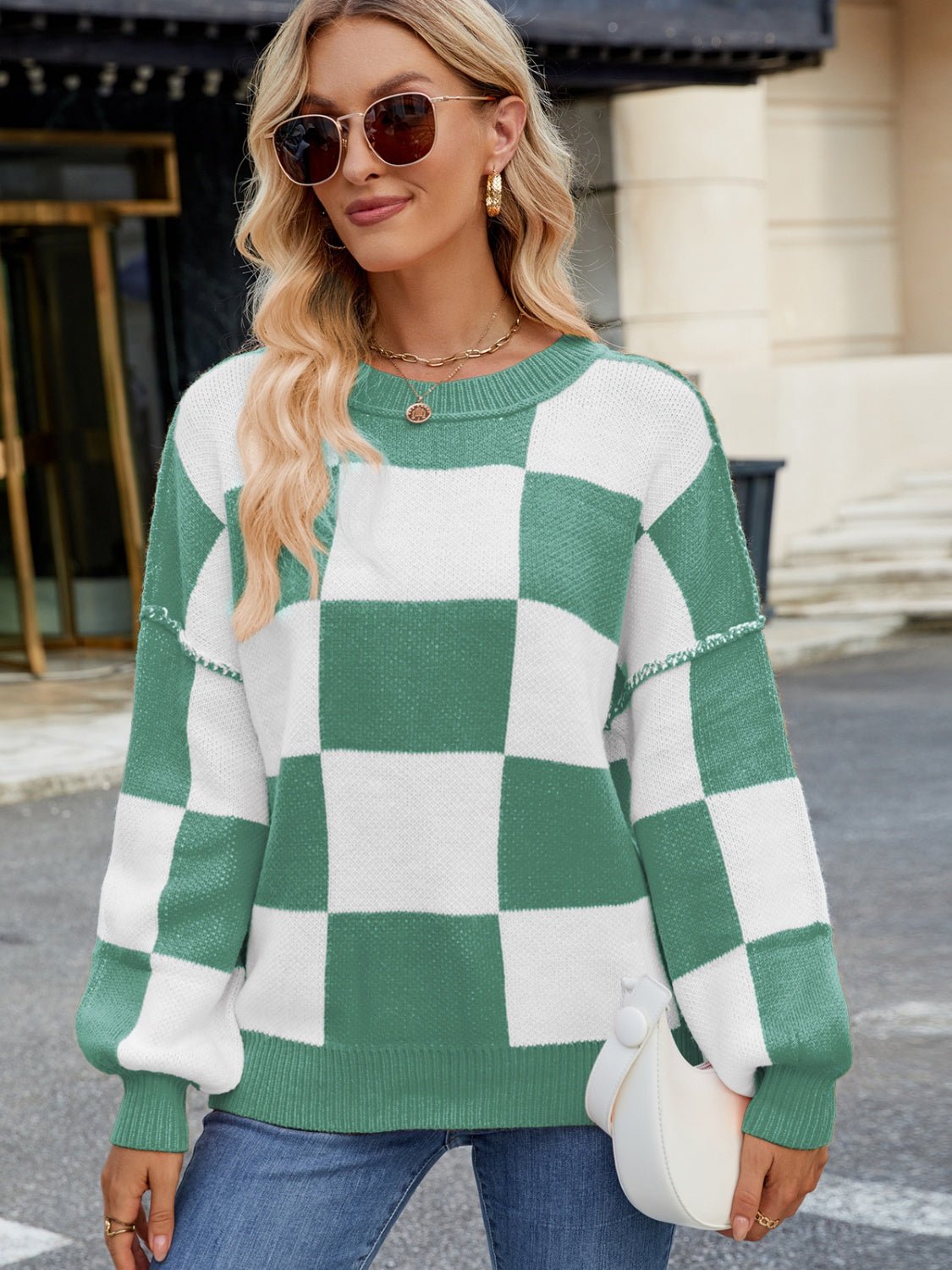 Checkered Round Neck Long Sleeve Sweater - Bitsy Gypsy Boutique