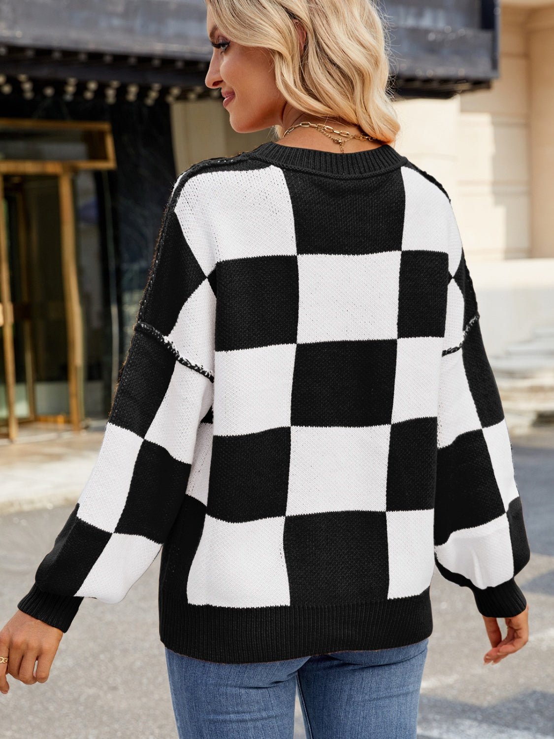 Checkered Round Neck Long Sleeve Sweater - Bitsy Gypsy Boutique