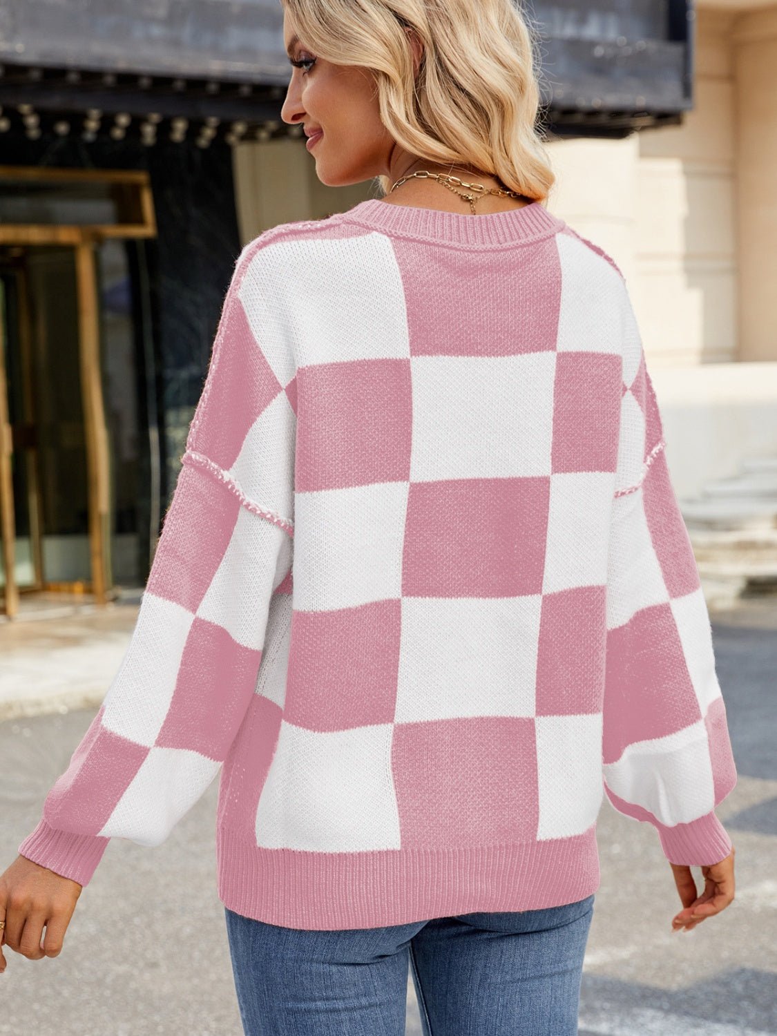 Checkered Round Neck Long Sleeve Sweater - Bitsy Gypsy Boutique