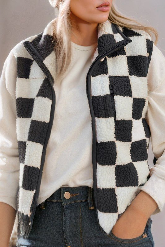 Checkered Sherpa Collared Jacket Vest - Bitsy Gypsy Boutique