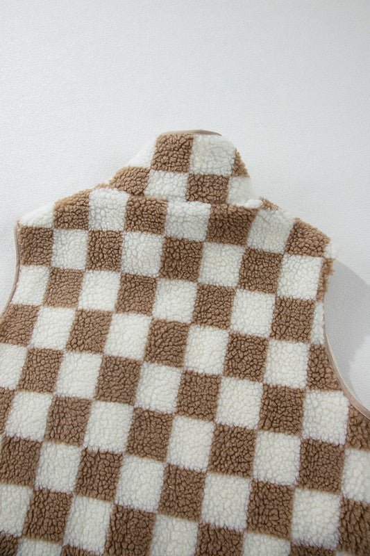 Checkered Sherpa Collared Jacket Vest - Bitsy Gypsy Boutique