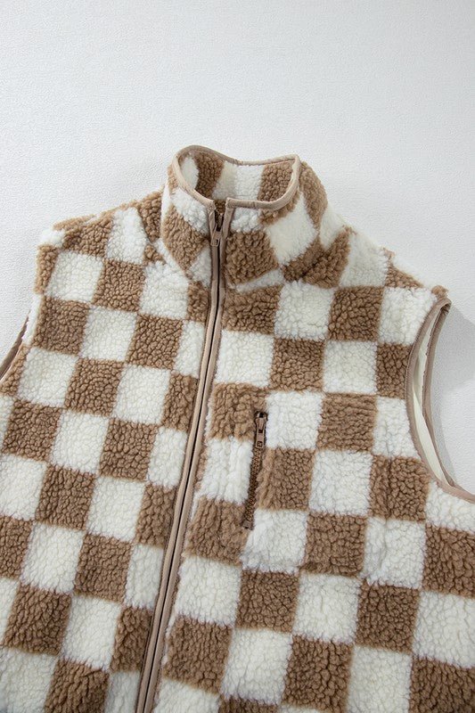 Checkered Sherpa Collared Jacket Vest - Bitsy Gypsy Boutique