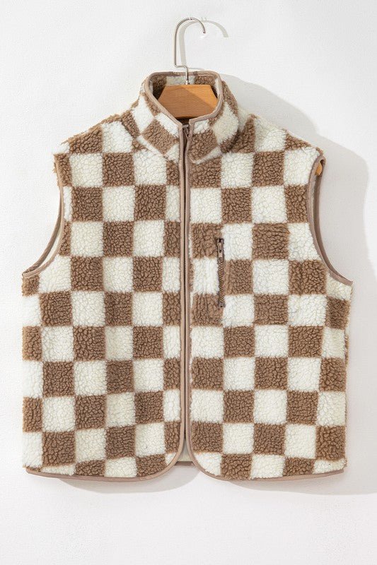 Checkered Sherpa Collared Jacket Vest - Bitsy Gypsy Boutique