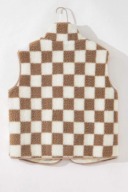 Checkered Sherpa Collared Jacket Vest - Bitsy Gypsy Boutique