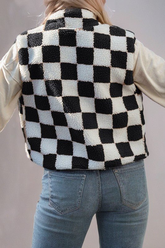 Checkered Sherpa Collared Jacket Vest - Bitsy Gypsy Boutique