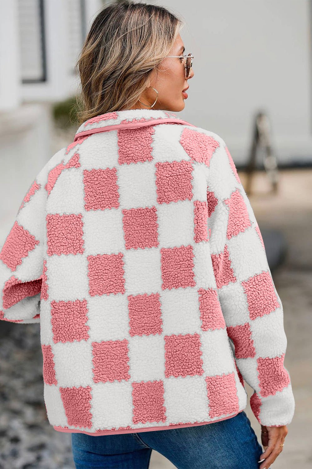 Checkered Snap Down Long Sleeve Teddy Jacket - Bitsy Gypsy Boutique