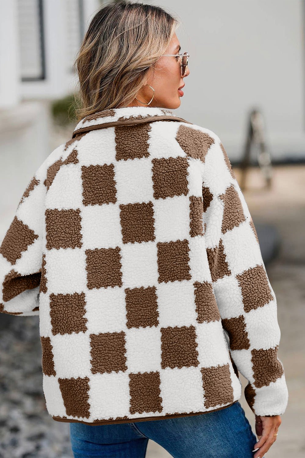 Checkered Snap Down Long Sleeve Teddy Jacket - Bitsy Gypsy Boutique