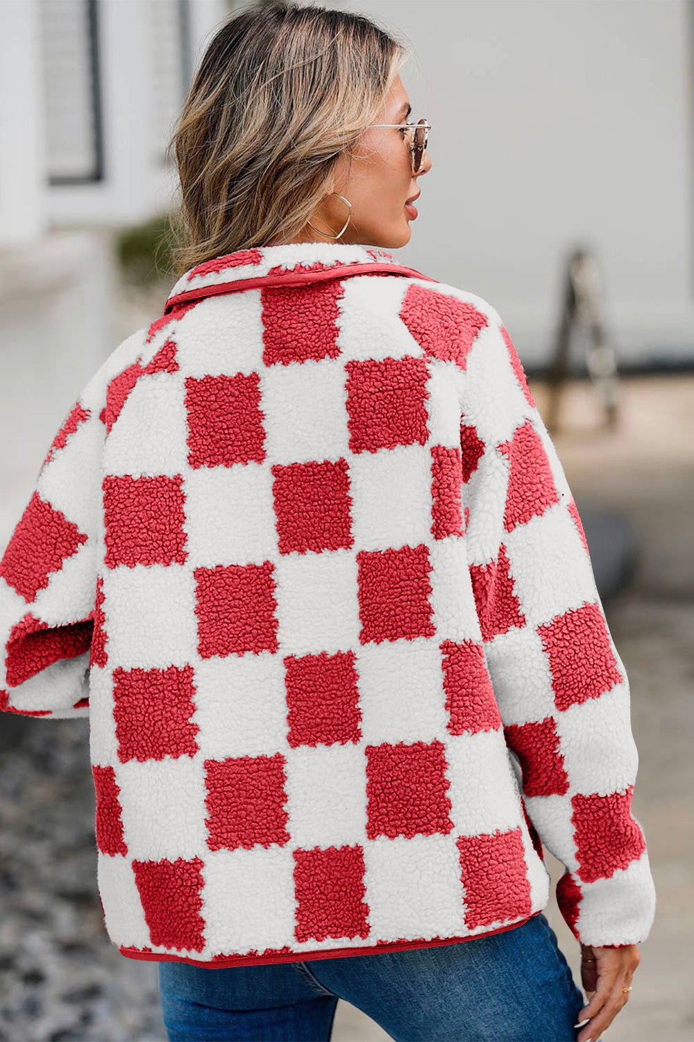 Checkered Snap Down Long Sleeve Teddy Jacket - Bitsy Gypsy Boutique